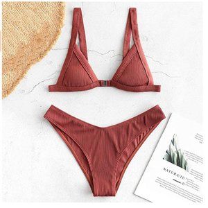 ZAFUL Women's Straps Textured Ribbed Front Closure High Cut Bikini Set Swimsuit